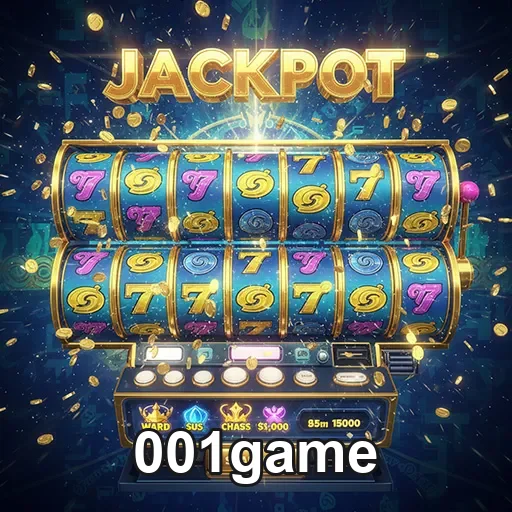 Imagem de uma máquina de caça-níqueis do site 001game com símbolos coloridos e destaque para slots.